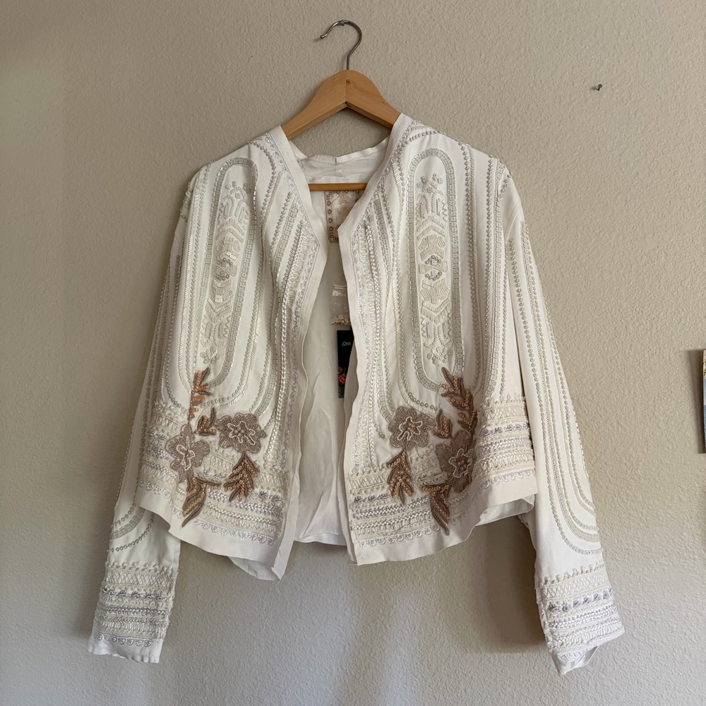 Johnny Was Rika Faux Suede Jacket Winter White Beaded Size Small NWT